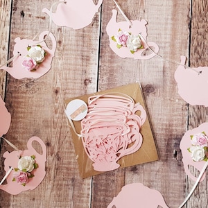 Pink Tea Party set. Tea Cup Garland, teapot garland tea party decorations decorations, tea party decor, birthday decor, wedding celebration