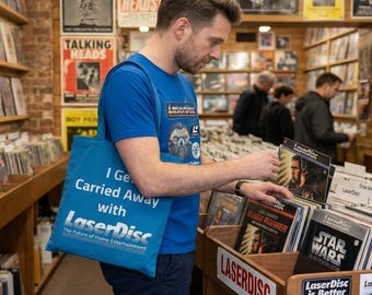 LaserDisc I Get Carried Away Tote Bag, Funny Retro Movie Collector Canvas Bag Crate Digging Shopping Bag, Physical Media Gift 80s Home Video
