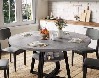 47 Inch Round Dining Table with Lower Storage Shelf – Gray Wood Grain Finish, Heat & Scratch Resistant, Heavy Duty Black Metal Base