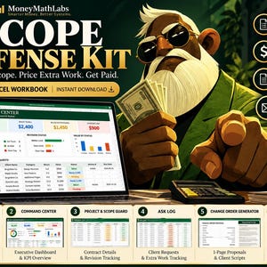Könnte beinhalten: Eine digitale Scope Defense Kit Excel-Arbeitsmappe mit einem Command Center-Dashboard, Projektstatus-Diagrammen und Kundenanfrage-Protokollen. Eine illustrierte Figur hält Bargeld in der Hand, begleitet von Texten, die Funktionen wie das Verfolgen von Kundenanfragen, die Berechnung von Mehrarbeit und das Erstellen von Änderungsangeboten beschreiben.