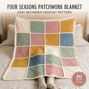 Modèle de couverture au crochet « Quatre saisons », jeté carré uni style grand-mère, modèle de couverture patchwork, PDF de crochet facile pour débutants, décoration intérieure chaleureuse
