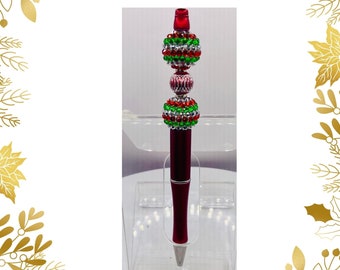 Custom Made Beaded Christmas Pen - Ballpoint Pen - Black Ink - Jeweled Beading - Gifts/Journal - Free U.S. Shipping - Refillable Ink Pen