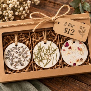 May include: A brown cardboard gift box containing three round white clay ornaments hanging from jute twine. The ornaments are embedded with dried lavender, pine needles, and rose petals. A tag attached to the box reads 3 for $12.