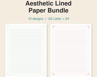 Może przedstawiać: Cyfrowy zestaw papieru w linie z tekstem Aesthetic Lined Paper Bundle, 10 designs, US Letter + A4. Przedstawiono dwa białe arkusze, jeden z narożnikami w formie nawiasów, a drugi z małymi różowymi kwiatowymi akcentami.