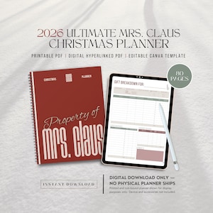 Agenda di Natale 2026 di Mrs. Claus: PDF digitali stampabili e con collegamenti ipertestuali, modello Canva modificabile.