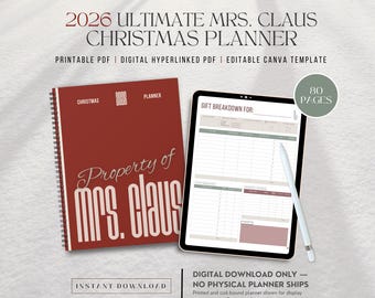2026 Mrs. Claus Christmas Planner: Printable & Hyperlinked Digital PDFs, Editable Canva Template
