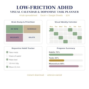 ADHD-planeringsark, visuell veckokalender och dopaminuppgiftsspårare, Excel Google Sheets digital planerarmall