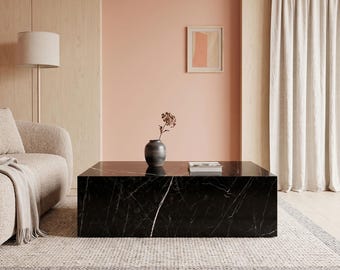 Nero Marquina Marble Coffee Table, Black Stone Rectangle Cocktail Table (39.37" L)