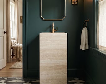 Natural Travertine Pedestal Sink, Freestanding Stone Basin, Luxury Bathroom Vanity (15.7x15.7x31.5in)