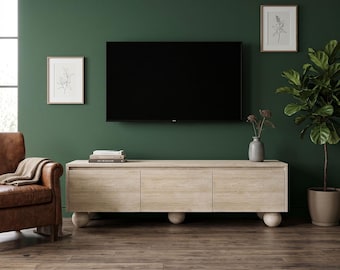 Natural Travertine TV Stand, 70.87" W x 15.75" D x 19.69" H, Solid Stone Ball Feet