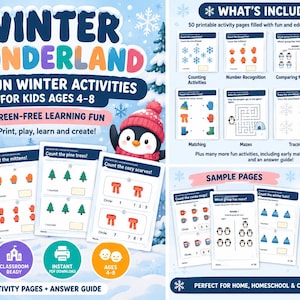 Może przedstawiać: Zestaw 50 zimowych aktywności Winter Wonderland dla dzieci w wieku 4-8 lat do druku. Zawiera 50 stron z zadaniami takimi jak liczenie, rozpoznawanie liczb, dopasowywanie, labirynty, rysowanie po śladzie i kolorowanki z bałwanem.