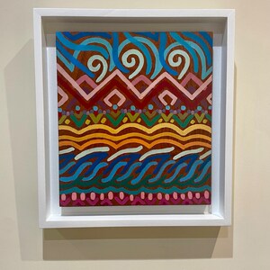 Ancient Lessons, symbolic painting, surreal nature, original art, nature lover, Aztec pattern, cave painting, abstract landscape