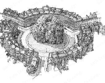 Bath Print,  A4 print, Circus Bath, City of Bath, Bath UK, Bath Drawing, Black Line Drawing, Tree Drawing, John Wood Architect, Georgian n