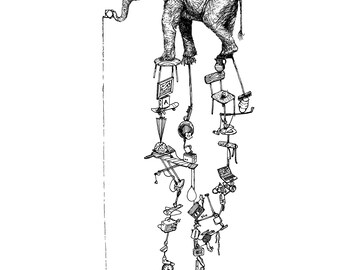 Elephant A4 Art Print, Housework Art, Wildlife Prints, Africa Art, Elephant Drawing, Stress Relief, Animal Drawing, Balancing act, art gift