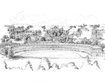 Bath Print,  A4 print, The crescent Bath, City of Bath, Bath UK, Bath Drawing, Black Lined Drawing, Bridge Drawing, John Wood Architect