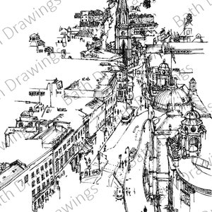 Bath A3 Art Print, View from Bath Abbey, City of Bath, Bath UK, Bath Drawing, City Drawing, Church Drawing, Gothic architecture