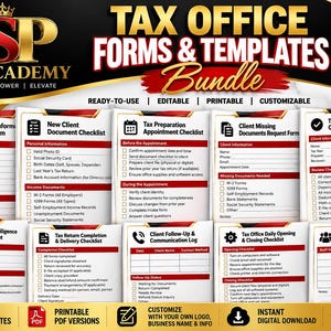 May include: A GSP Tax Academy bundle featuring 10 professional tax office forms and templates. The collection includes checklists for client intake, document requests, tax preparation, and office management, all presented in a red, white, and black color scheme.