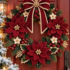 May include: A handcrafted crochet wreath featuring deep red poinsettia flowers, dark green foliage, cream-colored small blossoms, and clusters of red berries. A large, matching red and cream crochet bow sits at the top, accented with gold beads.