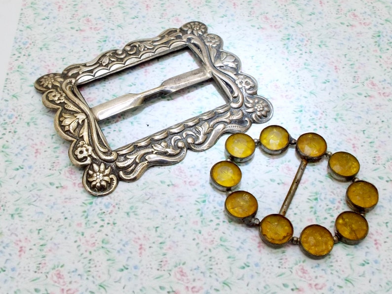 Two in total Antique Belt Buckles Repousse Silver Plate and Czech White Metal w Yellow Stones