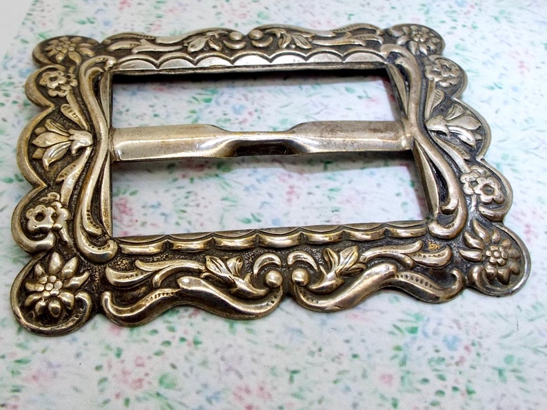 Two in total Antique Belt Buckles Repousse Silver Plate and Czech White Metal w Yellow Stones
