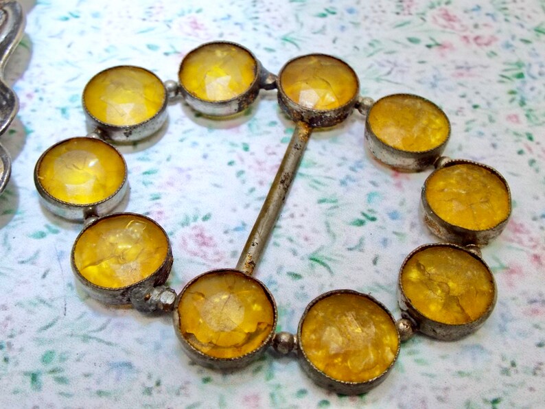 Two in total Antique Belt Buckles Repousse Silver Plate and Czech White Metal w Yellow Stones
