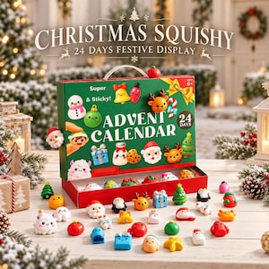 Może przedstawiać: Zielony kalendarz adwentowy Christmas Squishy 24 Days Festive Display z białym uchwytem, ozdobiony świątecznymi ikonami i tekstem. Otwarte pudełko ukazuje małe, kolorowe zabawki typu squishy rozrzucone na powierzchni, w tym figurki Mikołaja, reniferów, bałwanów i prezentów.