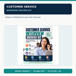 Puede incluir: Una guía digital Customer Service Interview Success Kit con el texto: Customer Service Interview Success Kit, 50 Interview Questions, 20 Sample Answers, 10 Realistic Scenarios y Prepare Practice Get Hired.