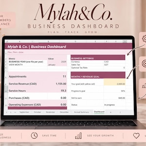 May include: A laptop screen displays the Mylah & Co. Business Dashboard spreadsheet. The interface features sections for business settings, monthly revenue goals, appointments, service revenue, service hours, purchases, and operating expenses.
