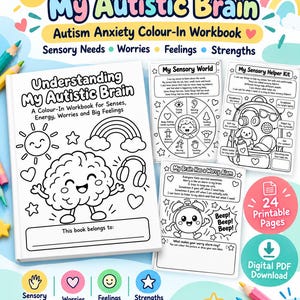 May include: A digital workbook titled Understanding My Autistic Brain, featuring a coloring book cover with a brain character, rainbow, and headphones. Includes three interior activity pages about sensory worlds, helper kits, and worry alarms.
