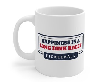Taza de pickleball "La felicidad es un largo golpe", regalo divertido para amantes del pickleball, regalo para compañeros de pickleball, regalo de Navidad para jugadores de pickleball.