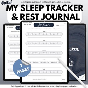 May include: A digital sleep tracker and rest journal displayed on three tablet screens. The interface features a weekly log with hourly shading options, a sleep tracker header, and a blue circular badge indicating 7 pages. A white stylus rests on the center screen.