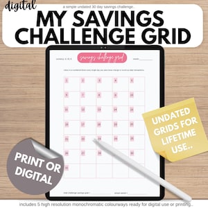 May include: A digital savings challenge grid displayed on a tablet screen. The document features a 31-day numbered grid, a currency selection area, and a header titled Savings Challenge Grid. A white stylus rests on the screen.