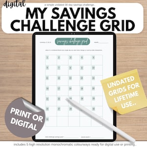 Digital Savings Challenge Grid, Monthly Money Saving Tracker, iPad GoodNotes PDF, A4 Printable, Savings Pots, Savings Budget Grid Tracker