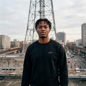 Könnte beinhalten: Ein schwarzes Langarm-Sweatshirt mit Rundhalsausschnitt, das auf der linken Brustseite das Wort Veluna in weißer Schreibschrift gestickt hat. Das Kleidungsstück hat ein schlichtes, einfarbiges Design mit geripptem Ausschnitt, Bündchen und Saum.