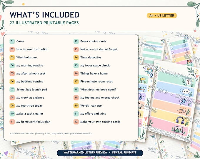 ADHD Planner for Kids, Printable Routine and Executive Function Toolkit, 22 Worksheets, Digital Download