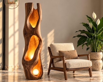 Sculpturale houten vloerlamp, handgemaakte organische houten verlichting, moderne statement vloerlamp, warme sfeerlamp voor woonkamer en slaapkamer.