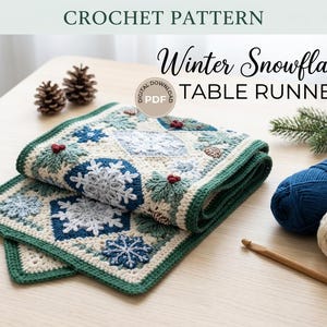 Patrón PDF de camino de mesa de copos de nieve a crochet, apliques de ramitas de pino invernales, decoración navideña, nivel de habilidad intermedio, descarga digital.