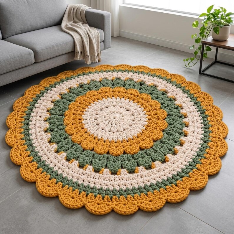 Crochet Round Rug Pattern PDF, Textured Flower Rug, Scalloped Edge ...