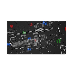 May include: A rectangular desk mat featuring a black background with a digital data interface design. The graphic includes white line charts, numerical data points, and large colorful numbers in red, green, and blue scattered across the surface.