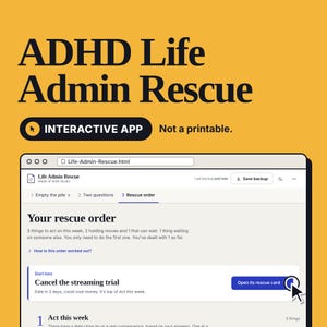 ADHD Life Admin Rescue App | Offline interactieve HTML-tool, geen abonnement nodig