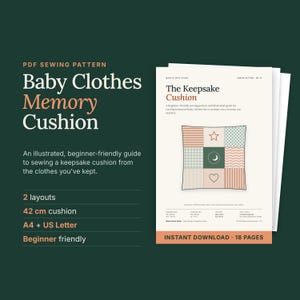 Patrón de costura en PDF para cojín de recuerdo con patchwork para ropa de bebé, instrucciones para principiantes, funda de almohada de recuerdo.
