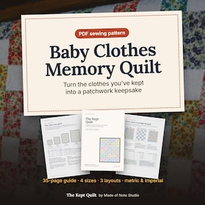 Patroon voor een patchworkdeken van babykleding met memory patchwork (PDF), handleiding voor beginners over het maken van een rompertje, 4 maten.