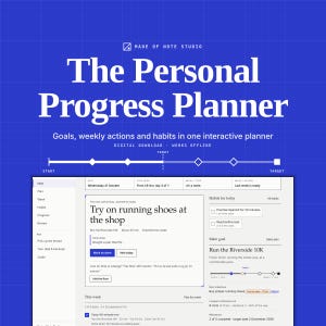Puede incluir: Una interfaz de planificador digital titulada The Personal Progress Planner de Made of Note Studio. La pantalla muestra objetivos, acciones semanales y hábitos, incluyendo una tarea para probarse zapatillas de correr y una meta.