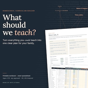 Może przedstawiać: Ciemnoniebieska pomoc edukacyjna zatytułowana Homeschool Curriculum Builder z tekstem What should we teach? Zawiera stronę z ćwiczeniami zatytułowaną Meet Ada, 8 oraz cyfrowy arkusz kalkulacyjny do planowania lekcji rodzinnych.