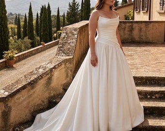 Vintage Satin Wedding Dress, A Line Strapless Bridal Gown, Ruched Drop Waist Silhouette, Classic Ivory Long Train Attire