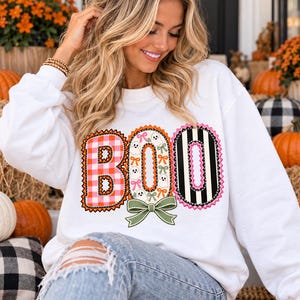 Halloween-editie Boo Patchwork Letters Sweatshirt Halloween Strik Spooky Season Herfst Sweatshirt Boo