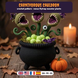May include: A black crocheted cauldron filled with green crocheted spheres and three green venus flytrap plants with purple interiors and white teeth. A small purple crocheted bat and an orange crocheted pumpkin are included.