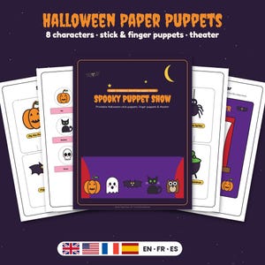 May include: A set of printable Halloween paper puppets featuring 8 characters, stick and finger puppets, and a theater. The pages display illustrations of a pumpkin, cat, skull, bat, spider, cauldron, and ghost with the text Spooky Puppet Show.