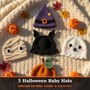 Haakpatroon voor een Halloween-babymutsje, 5 mutsjes: vleermuis, spook, mummie, pompoen, heks, maten van pasgeborene tot kind, gehaakte muts (PDF), eerste Halloween
