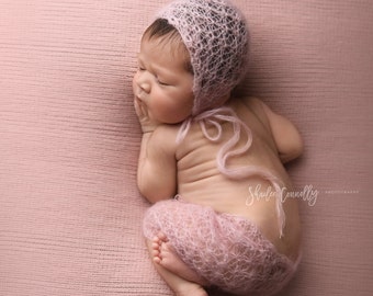 Newborn baby girl soft lace mohair bonnet and pants hand knitted set / Luxury Photography Prop